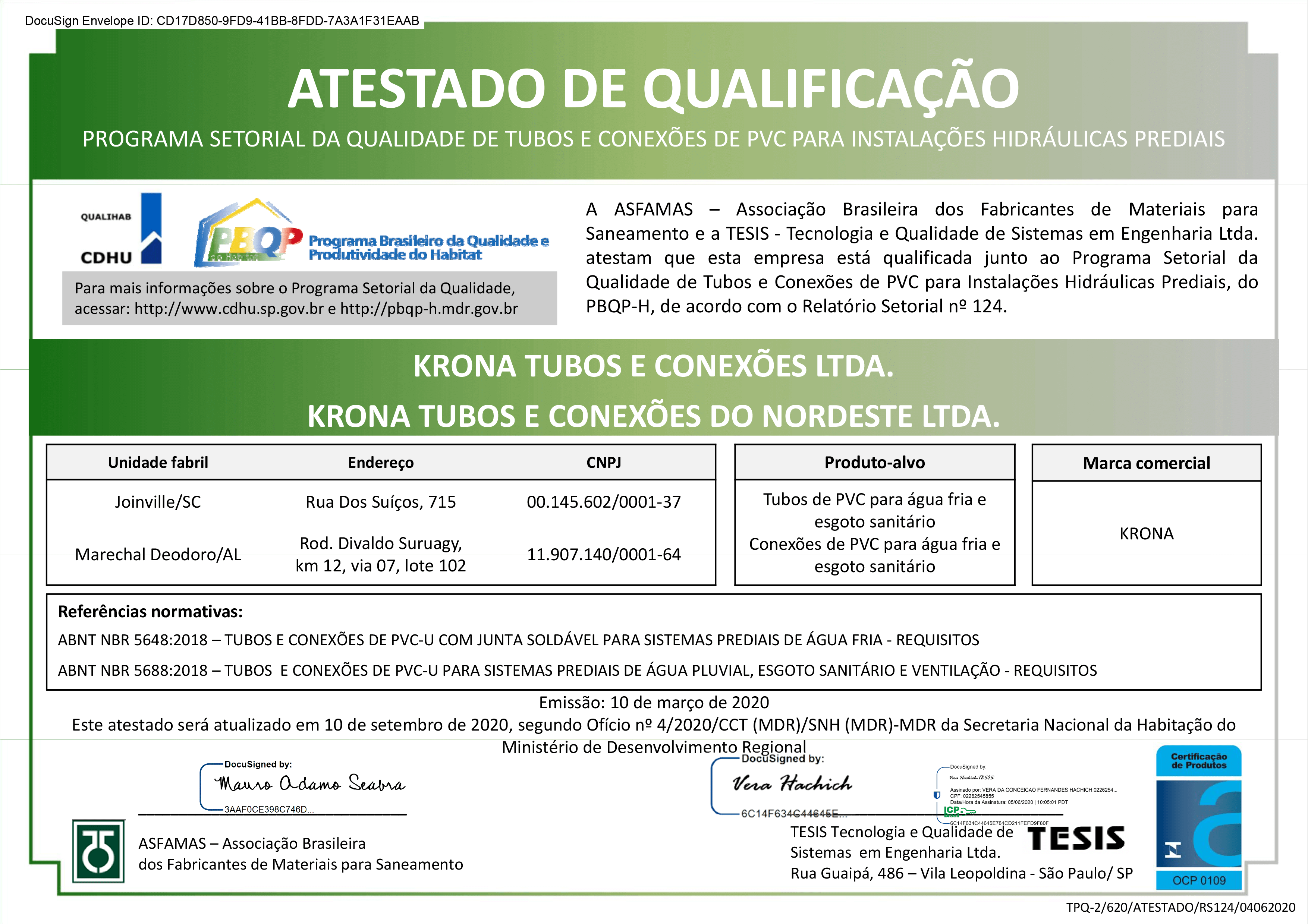 Atestado de Qualificação – Programa Setorial da Qualidade de Tubos e Conexões de PVC para Instalações Hidráulicas Prediais – N°124 – 10/03/20 – 10/09/20