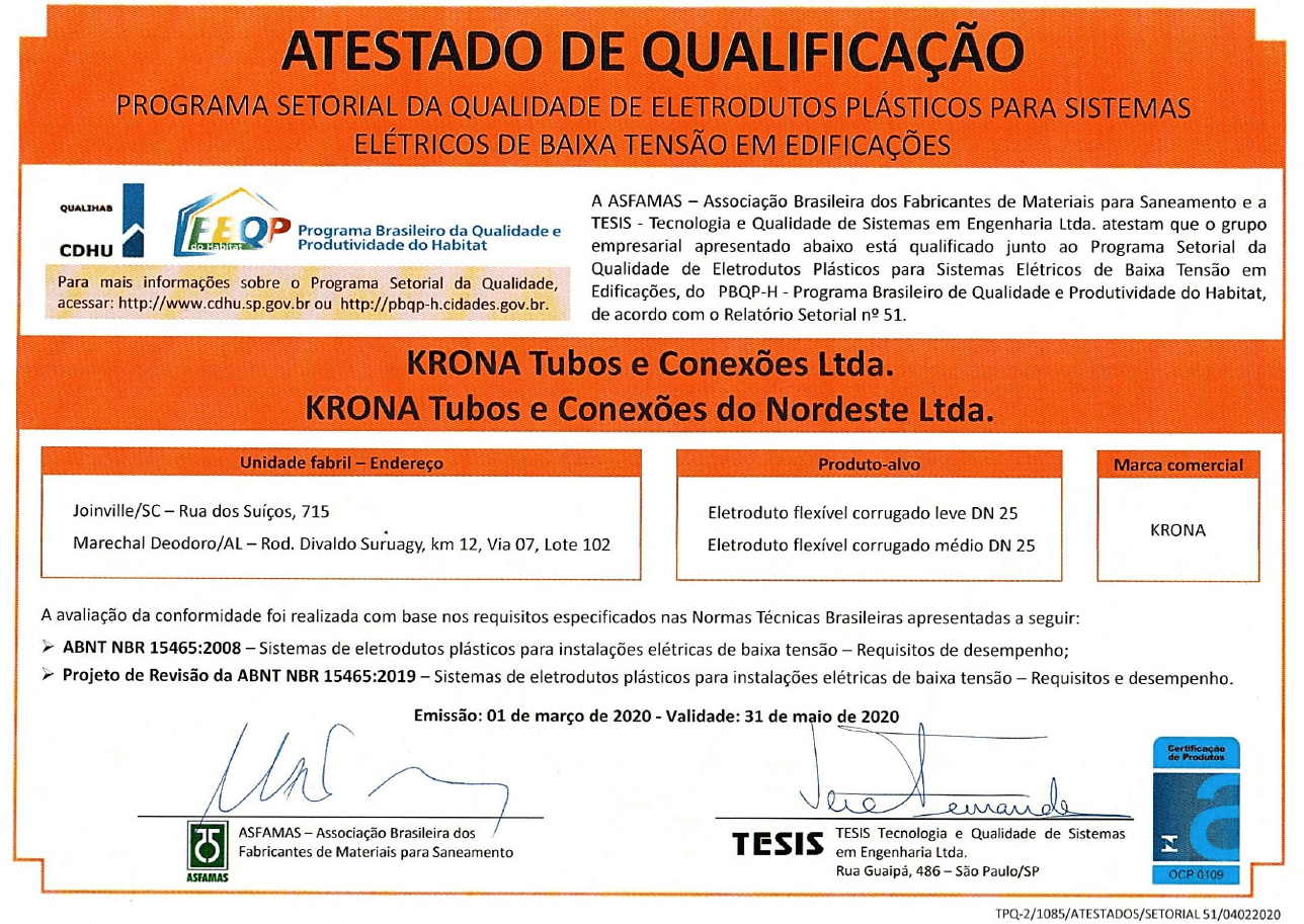 Atestado de Qualificação – Programa Setorial da Qualidade de Eletrodutos Plásticos para Sistemas Elétricos de Baixa Tensão em Edificações – N°51 – 01/03/20 – 31/05/20