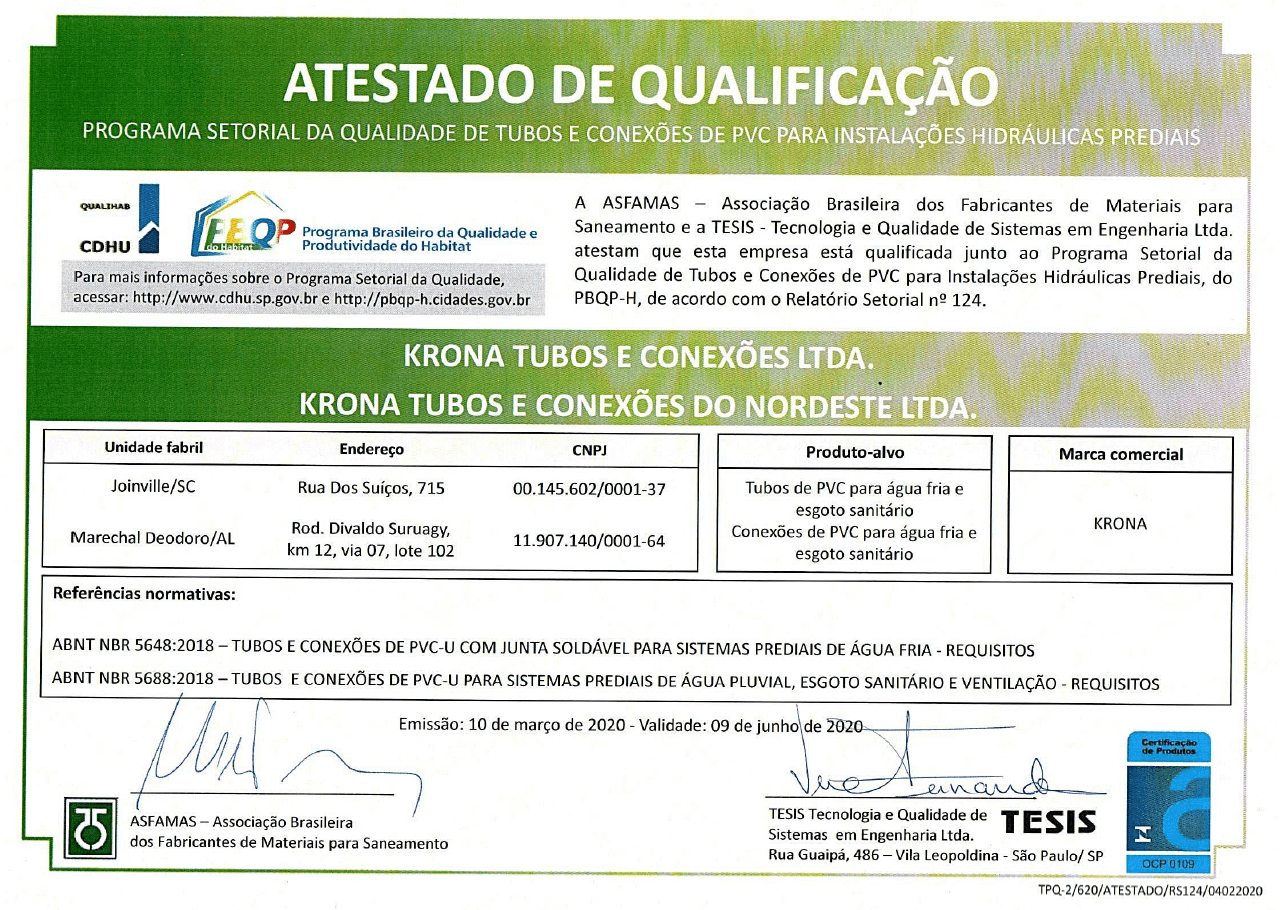 Atestado de Qualificação – Programa Setorial da Qualidade de Tubos e Conexões de PVC para Instalações Hidráulicas Prediais – N°124 | 10/03/20 – 09/06/20