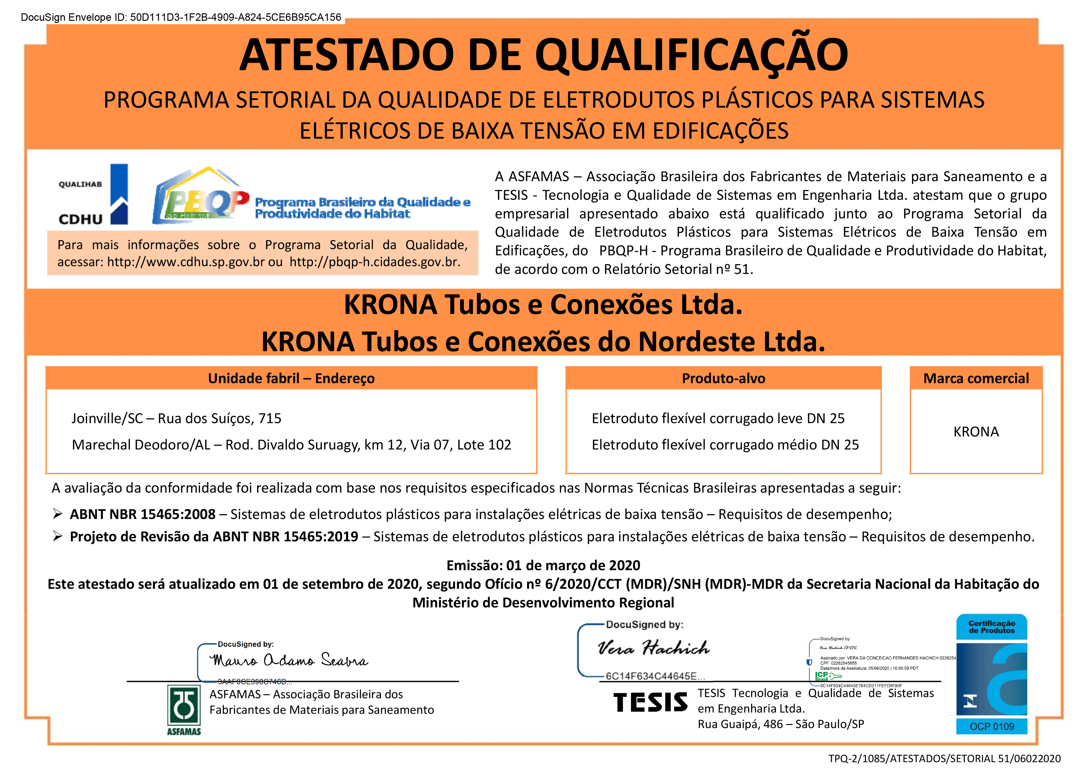 Atestado de Qualificação – Programa Setorial da Qualidade de Eletrodutos Plásticos para Sistemas Elétricos de Baixa Tensão em Edificações – N°51 – 01/03/20 – 01/09/20