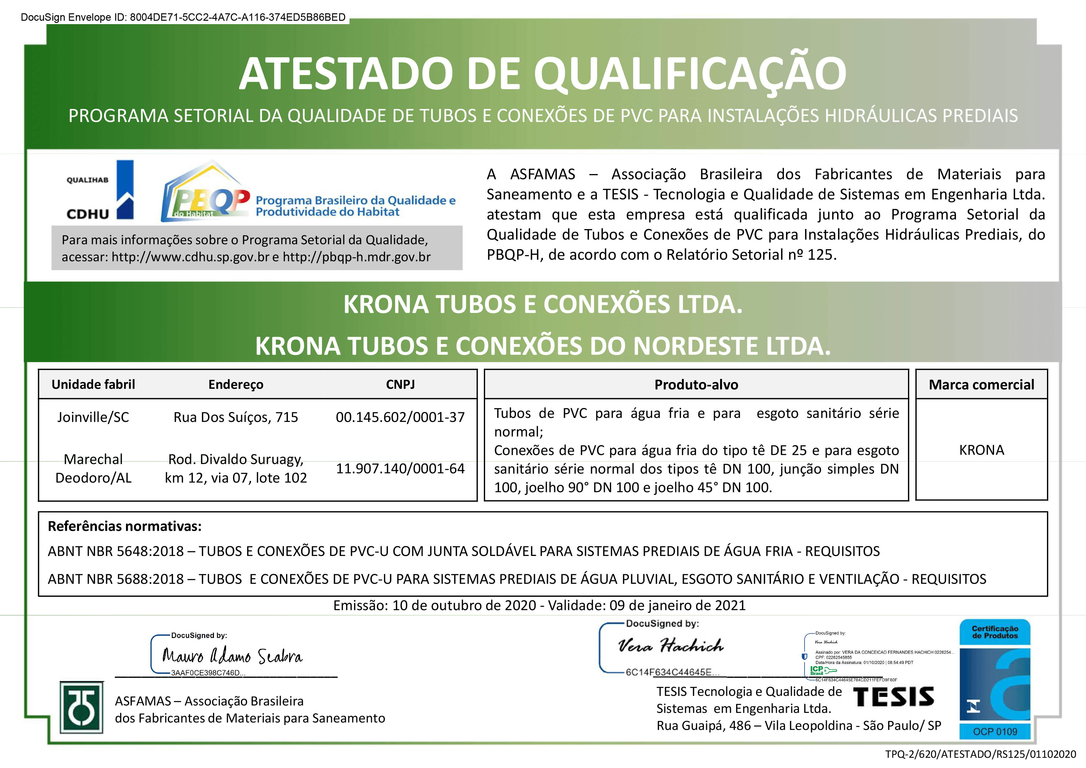 Atestado de Qualificação – Programa Setorial da Qualidade de Tubos e Conexões de PVC para Instalações Hidráulicas Prediais – N°125 | 10/10/20 – 09/01/21