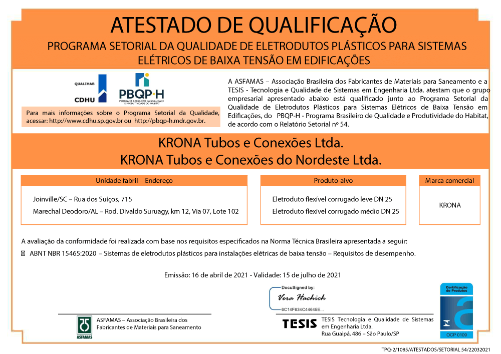 Atestado de Qualificação Programa Setorial da Qualidade de Eletrodutos Plásticos para Sistemas Elétricos de Baixa Tensão Em Edificações – 16/04/2021 a 15/07/2021