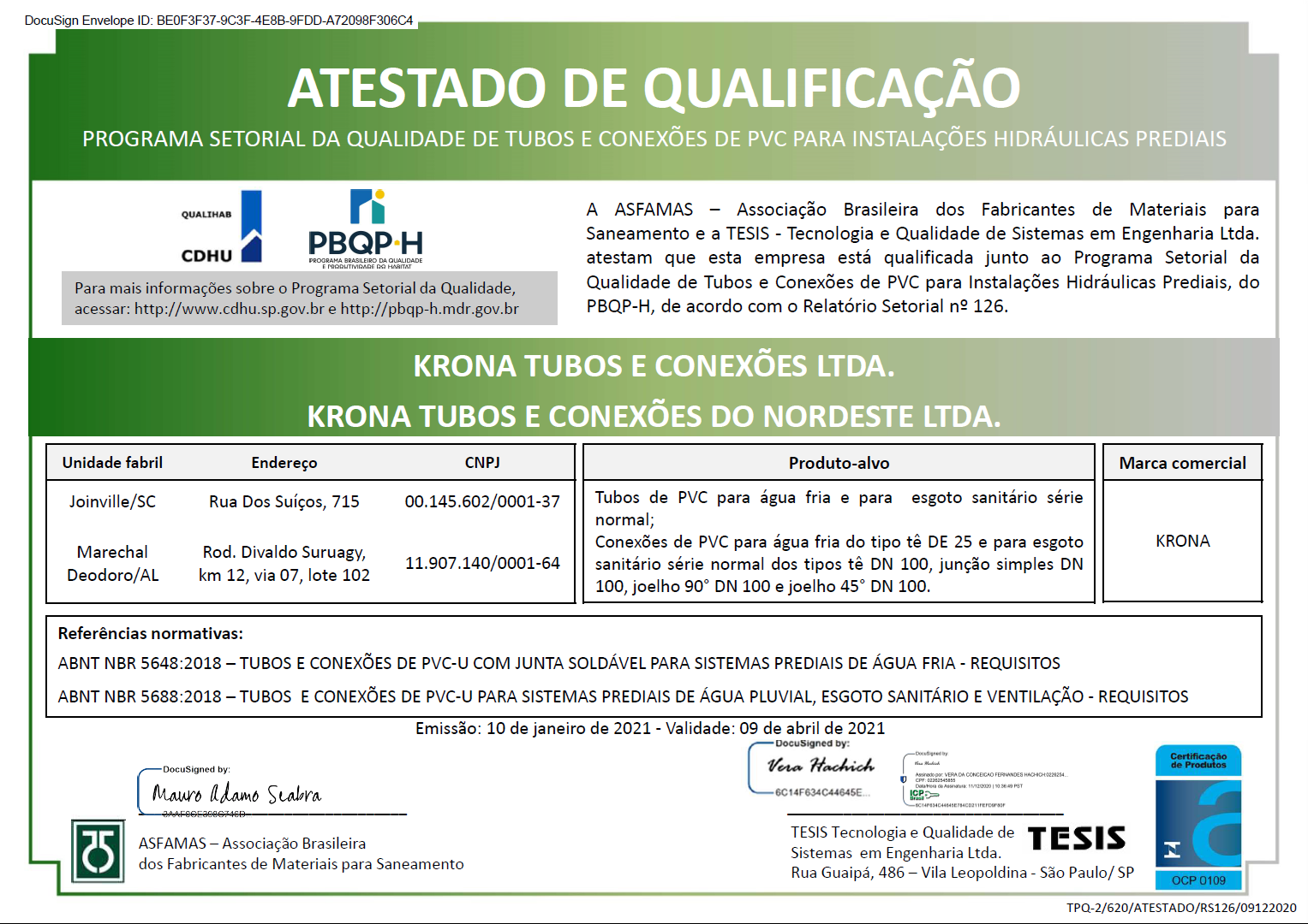 Atestado de Qualificação – Programa Setorial da Qualidade de Tubos e Conexões de PVC para Instalações Hidráulicas Prediais – 10/01/2021 a 09/04/2021