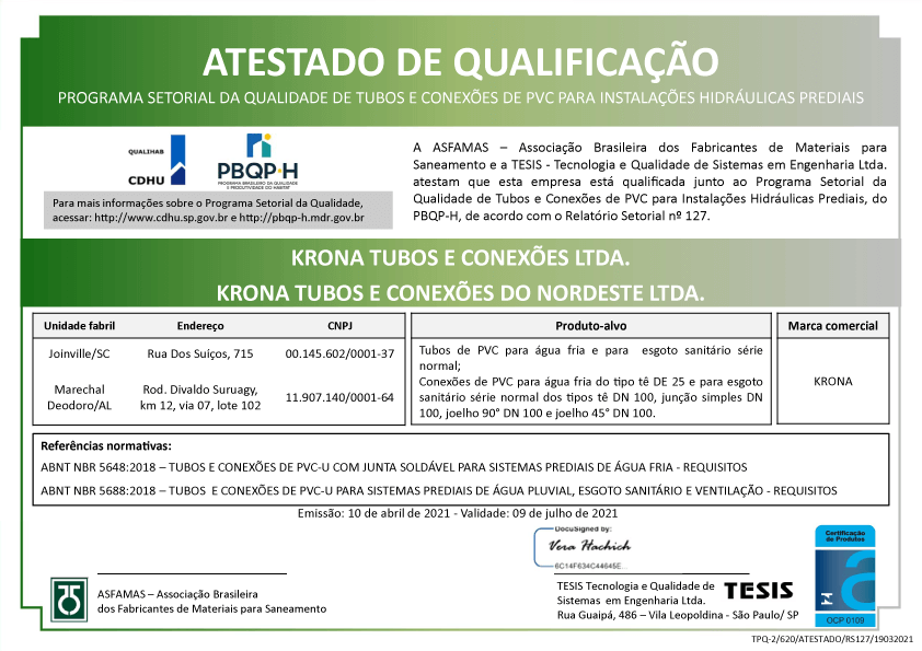 Atestado de Qualificação – Programa Setorial da Qualidade de Tubos e Conexões PVC Para Instalações Hidráulicas Prediais – 10/04/2021 a 09/07/2021