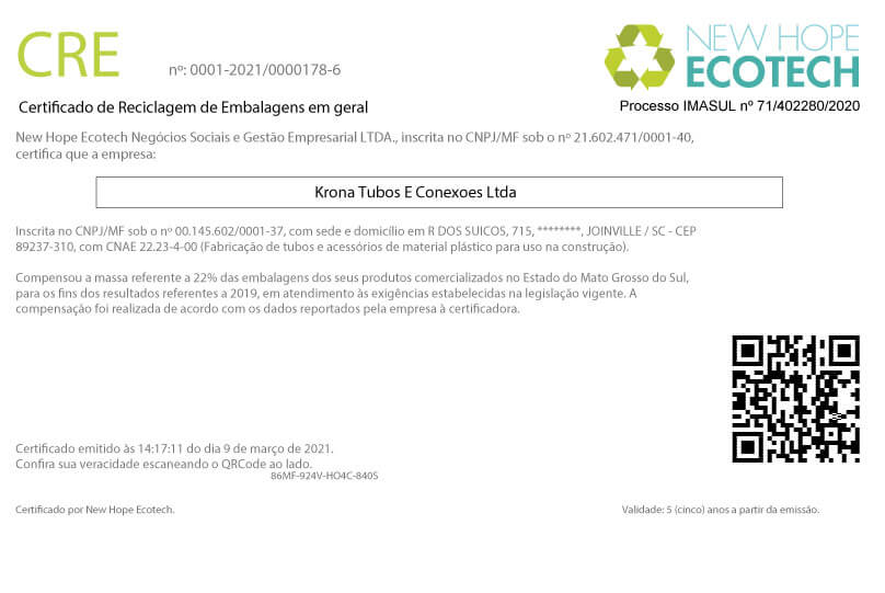 Certificado de Reciclagem de Embalagens em geral – Estado: MS