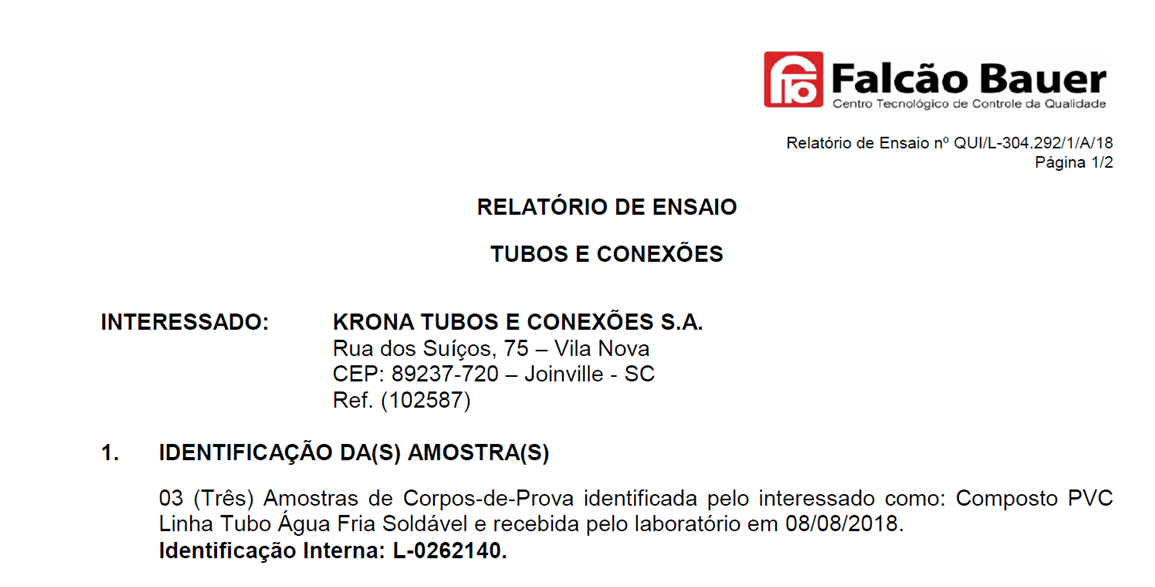 RELATÓRIO DE ENSAIO NBR 8219 – Efeito sobre a água – Tubos Soldáveis Água Fria Predial