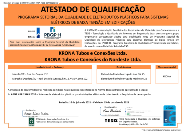 Atestado de Qualificação Programa Setorial da Qualidade de Eletrodutos Plásticos para Sistemas – 16/07/21 a 15/10/21