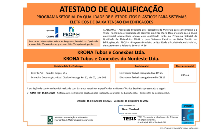 Atestado de Qualificação Programa Setorial da Qualidade de Eletrodutos Plásticos para Sistemas Elétricos de Baixa Tensão Em Edificações – 16/10/2021 a 15/01/2022