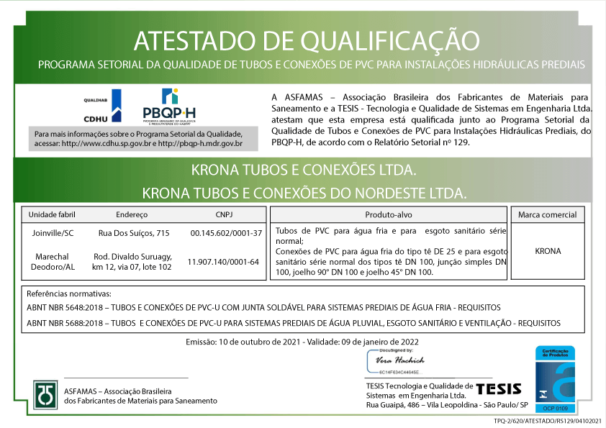 Atestado de Qualificação Programa Setorial da Qualidade de Tubos e Conexões de PVC para Instalações Hidráulicas Prediais – 10/10/2021 a 09/01/2022