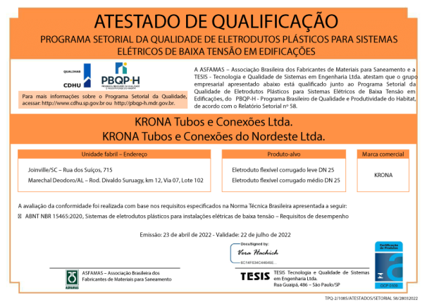 Atestado de Qualificação Programa Setorial da Qualidade de Eletrodutos Plásticos para Sistemas Elétricos de Baixa Tensão em Edificações – 23/04/2022 a 22/06/2022