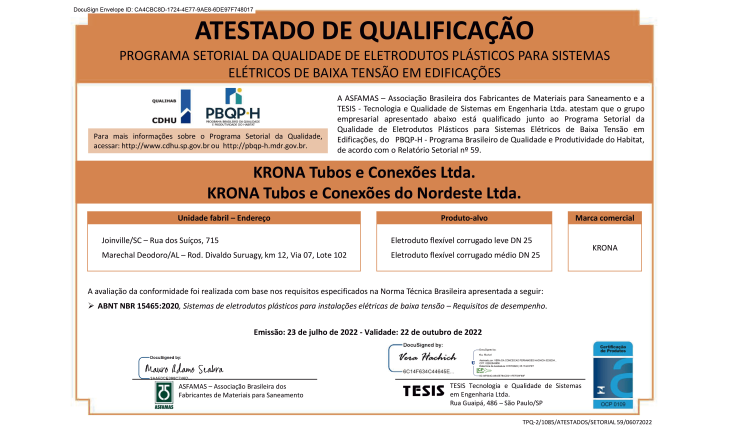 Atestado de Qualificação Programa Setorial da Qualidade de Eletrodutos Plásticos para Sistemas Elétricos de Baixa Tensão em Edificações – 23/07/2022 a 22/10/2022