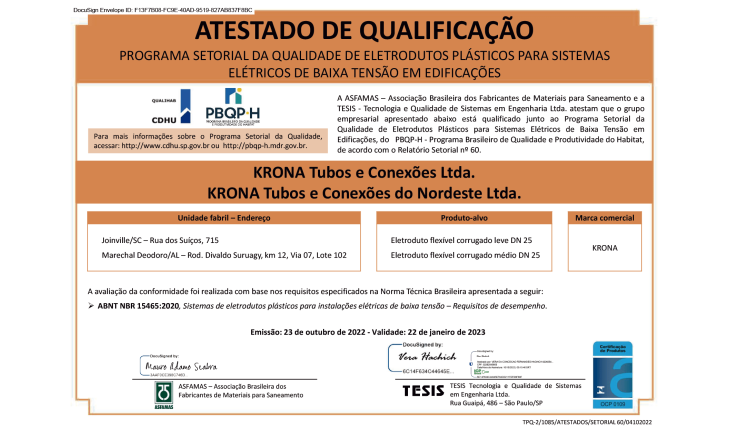 Atestado de Qualificação Programa Setorial da Qualidade de Eletrodutos Plásticos para Sistemas Elétricos de Baixa Tensão em Edificações – 24/10/2022 a 22/01/2023