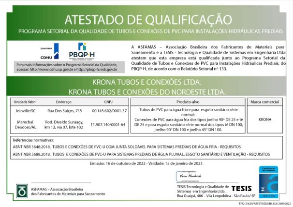 Atestado de Qualificação Programa Setorial da Qualidade de Tubos e Conexões de PVC para Instalações Hidráulicas Prediais – 16/01/2022 a 15/01/2023