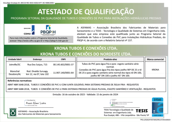 Atestado de Qualificação Programa Setorial da Qualidade de Tubos e Conexões de PVC para Instalações Hidráulicas Prediais – 16/10/2023 a 15/01/2024