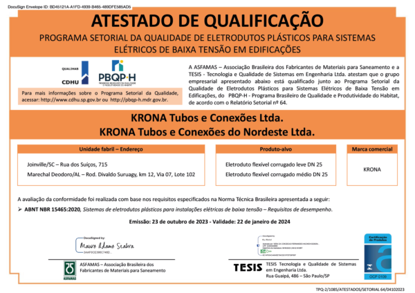 Atestado de Qualificação Programa Setorial da Qualidade de Eletrodutos Plásticos para Sistemas Elétricos de Baixa Tensão em Edificações – 23/10/2023 a 22/01/2024