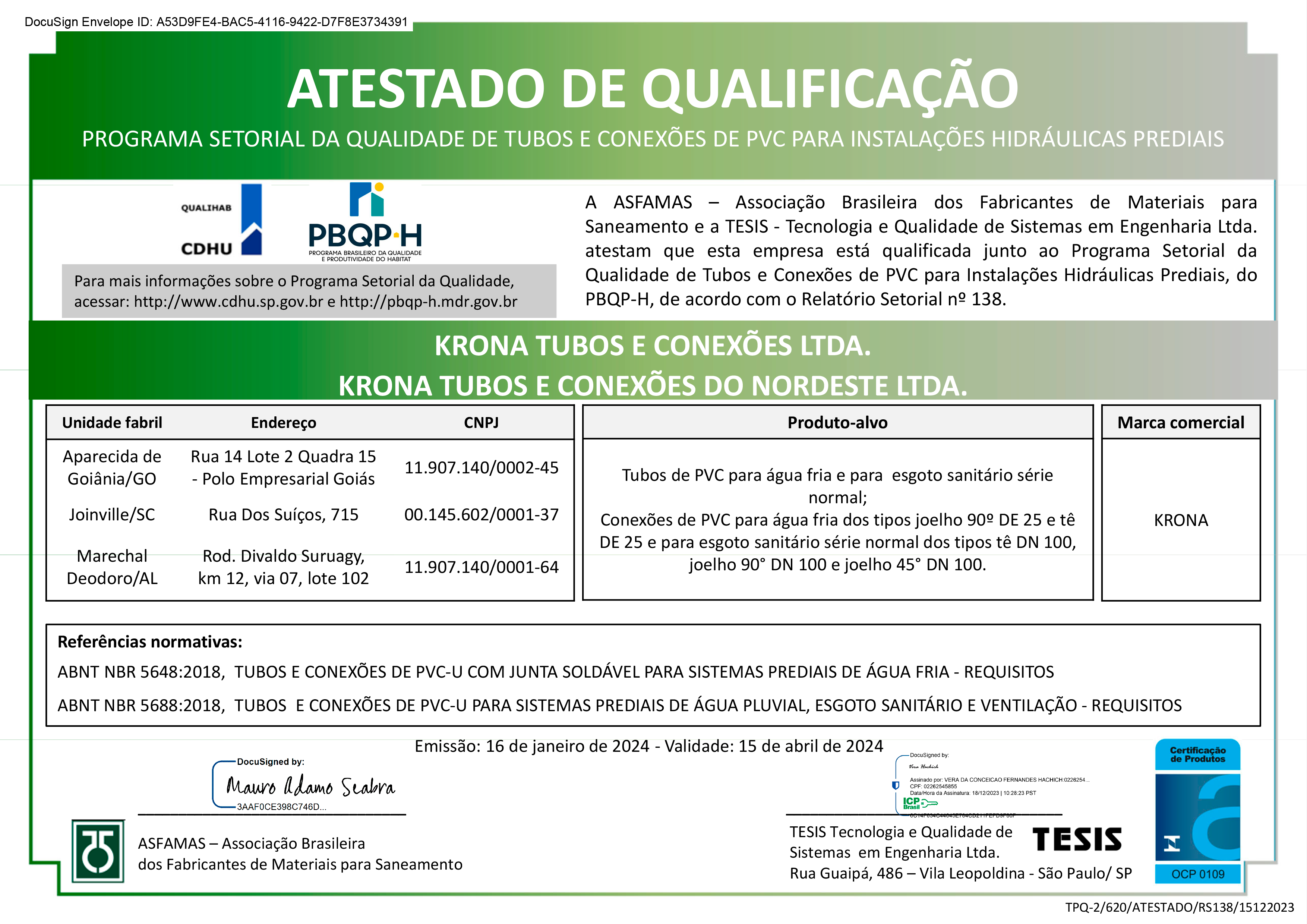 Atestado de Qualificação Programa Setorial da Qualidade de Tubos e Conexões de PVC para Instalações Hidráulicas Prediais – 16/01/2024 a 15/04/2024