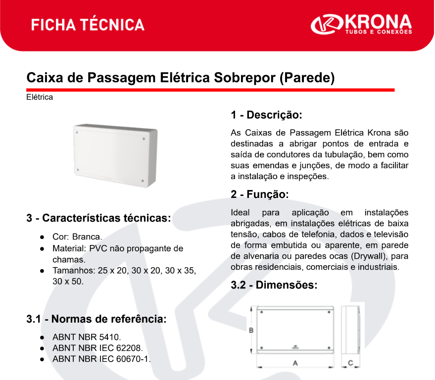 Ficha Técnica – Caixa de Passagem Elétrica Sobrepor (Parede)