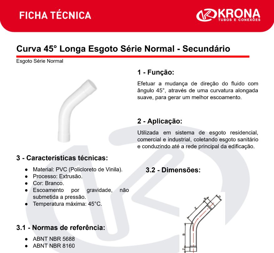 Ficha Técnica – Curva 45° Longa Esgoto Série Normal – Secundário