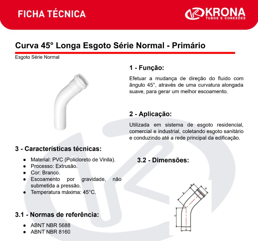 Ficha Técnica – Curva 45° Longa Esgoto Série Normal – Primário