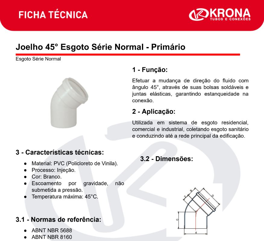 Ficha Técnica – Joelho 45° Esgoto Série Normal – Primário