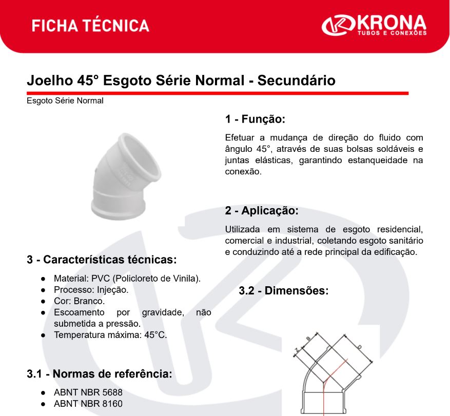 Ficha Técnica – Joelho 45° Esgoto Série Normal – Secundário