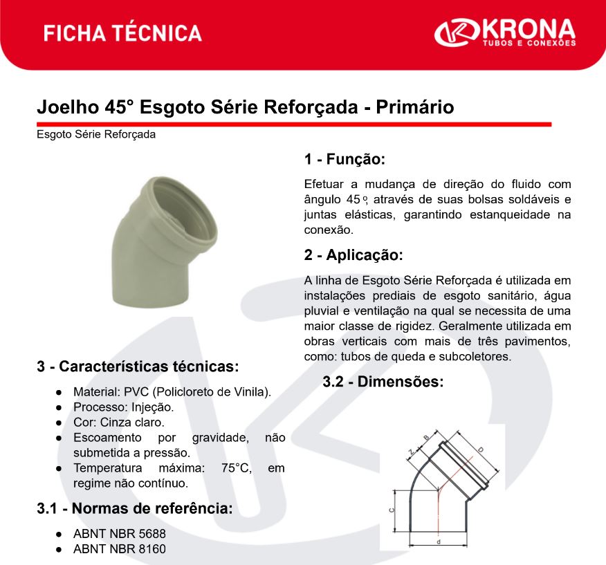 Ficha Técnica – Joelho 45° Esgoto Série Reforçada – Primário