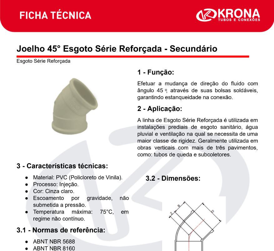 Ficha Técnica – Joelho 45° Esgoto Série Reforçada – Secundário