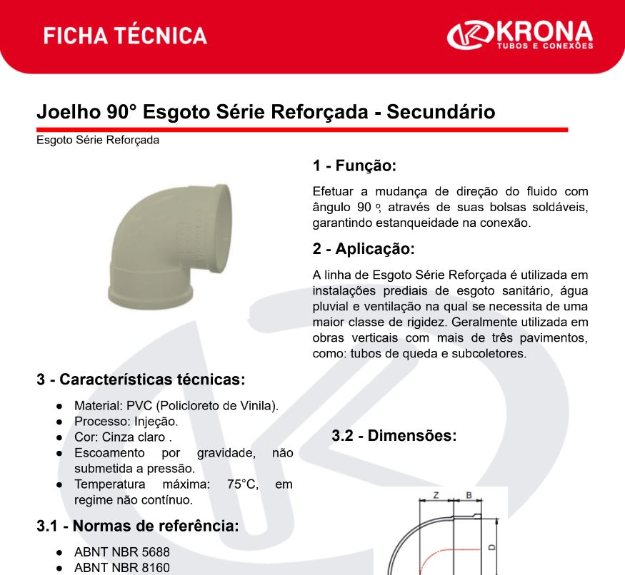 Ficha Técnica – Joelho 90° Esgoto Série Reforçada – Secundário