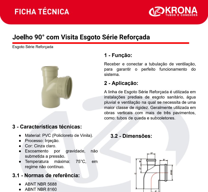 Ficha Técnica – Joelho 90° com Visita Esgoto Série Reforçada