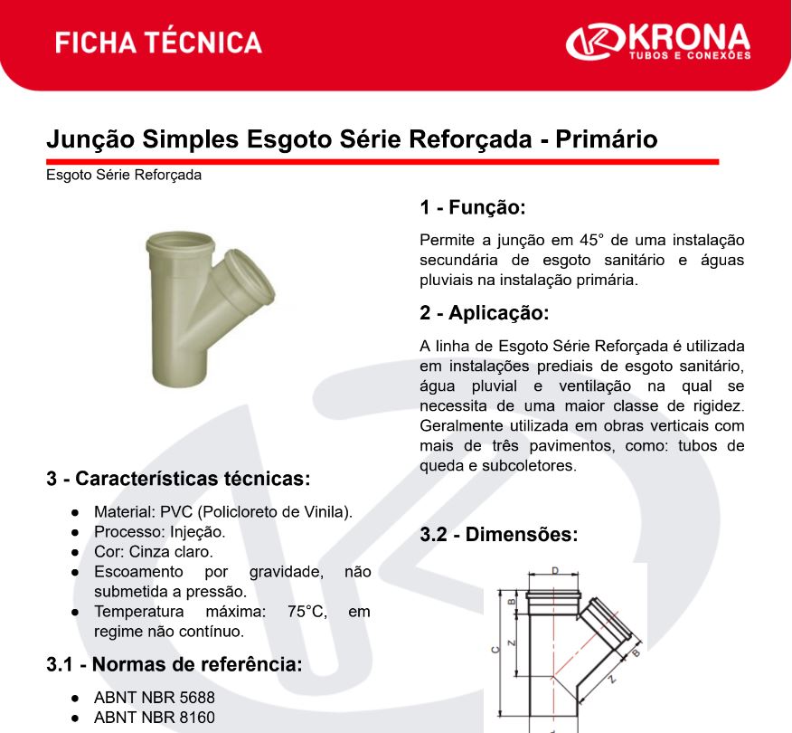 Ficha Técnica – Junção Simples Esgoto Série Reforçada – Primário