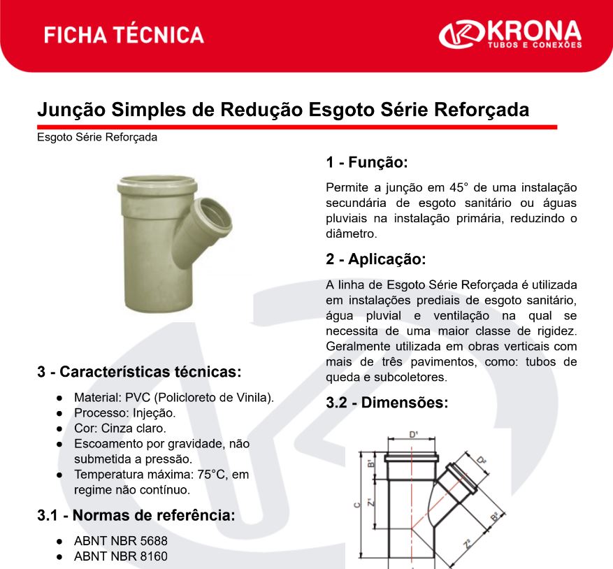 Ficha Técnica – Junção Simples de Redução Esgoto Série Reforçada