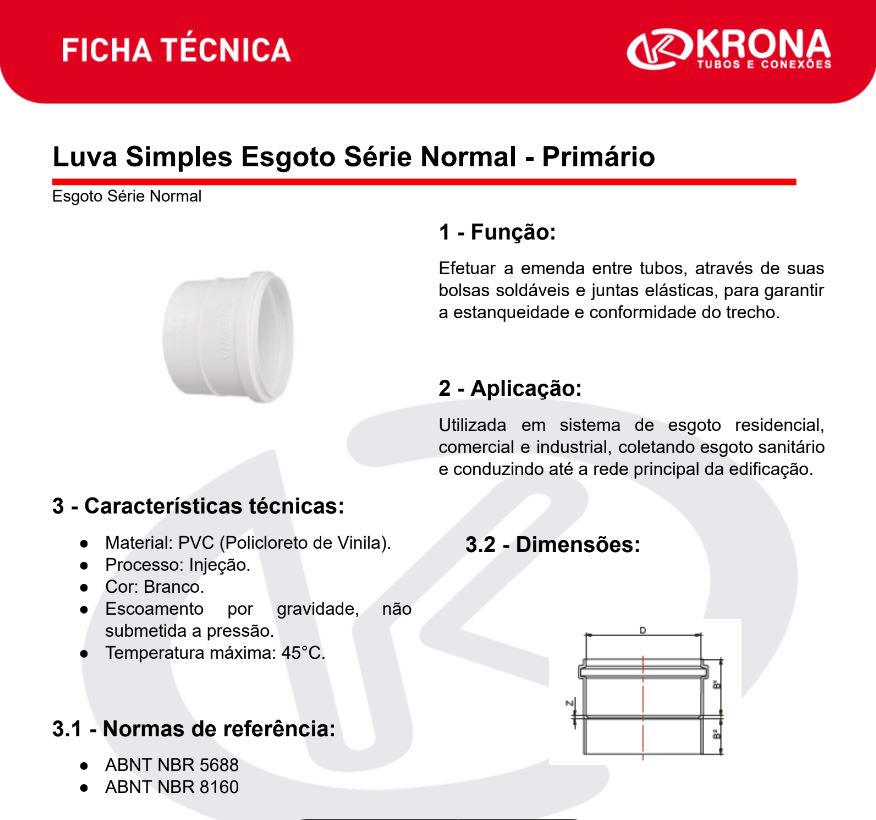 Ficha Técnica – Luva Simples Esgoto Série Normal – Primário