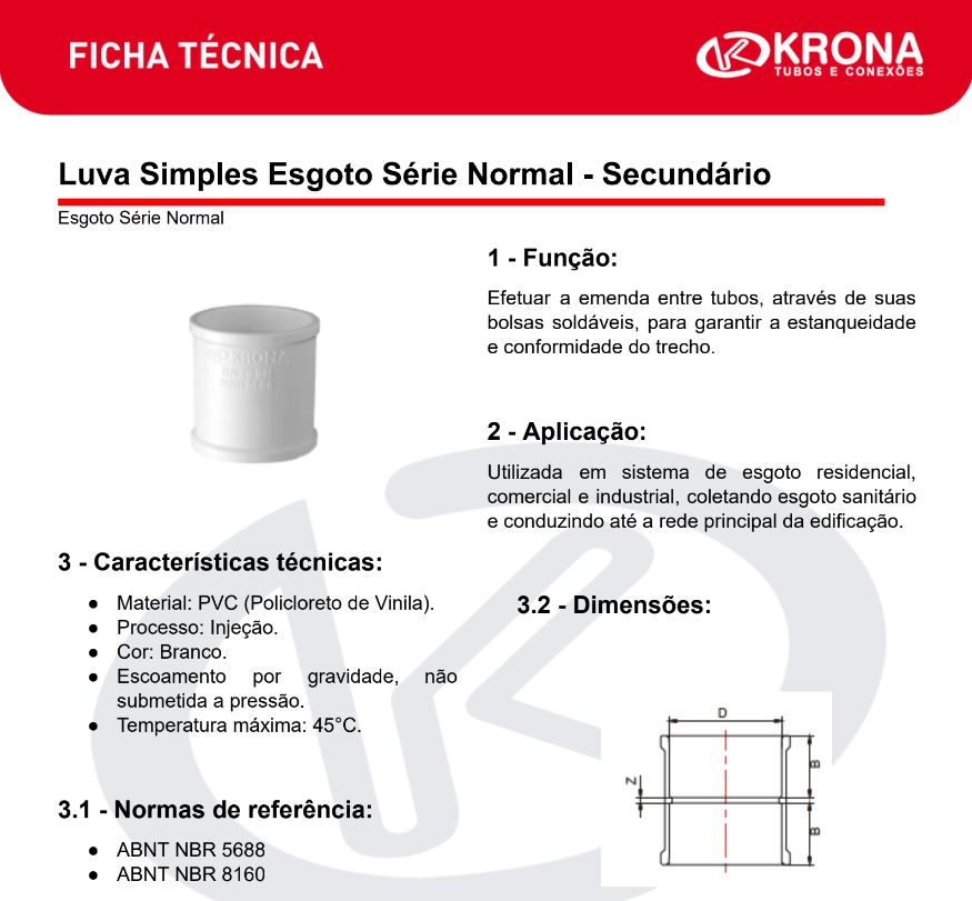 Ficha Técnica – Luva Simples Esgoto Série Normal – Secundário