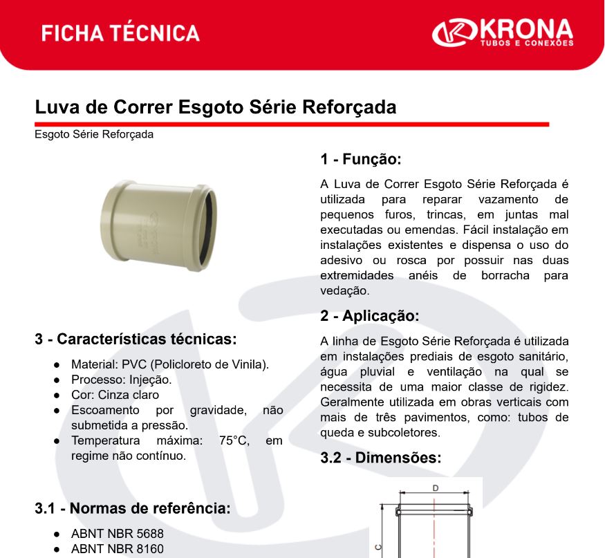 Ficha Técnica – Luva de Correr Esgoto Série Reforçada