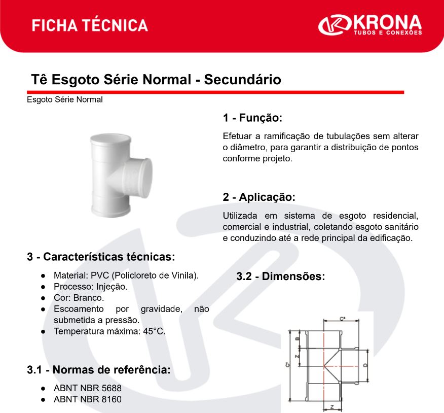 Ficha Técnica – Tê Esgoto Série Normal – Secundário