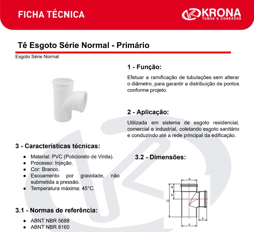 Ficha Técnica – Tê Esgoto Série Normal – Primário