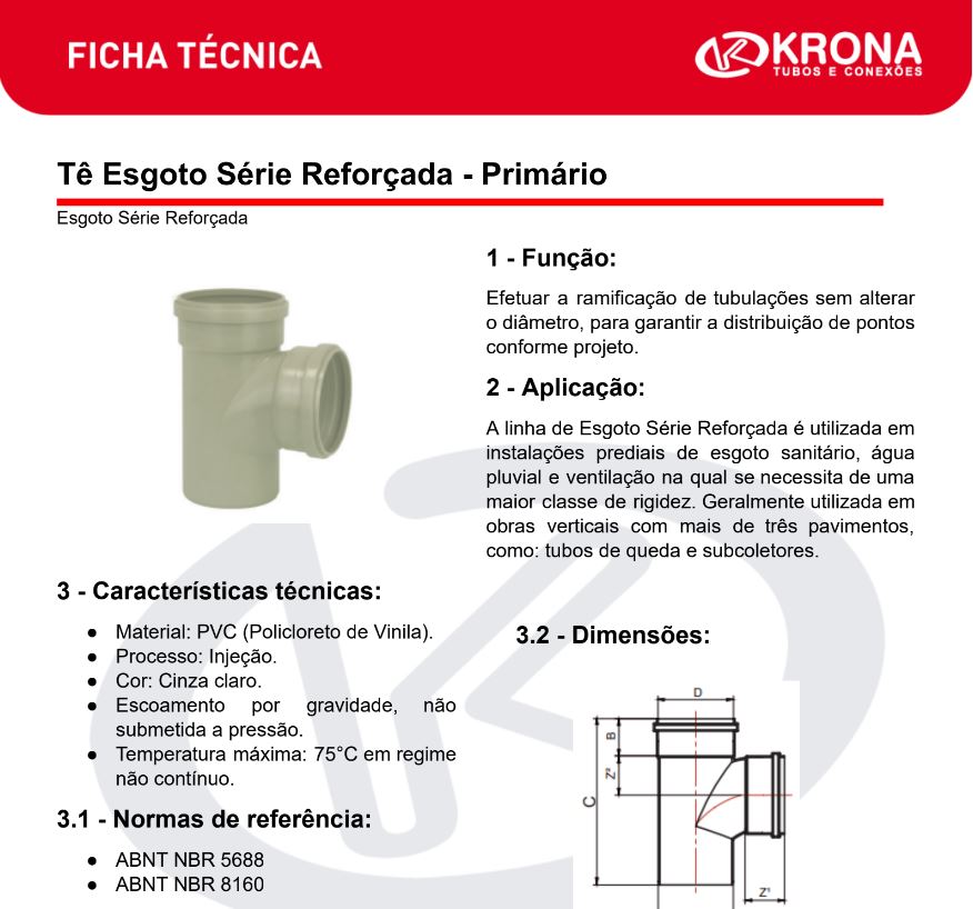 Ficha Técnica – Tê Esgoto Série Reforçada – Primário