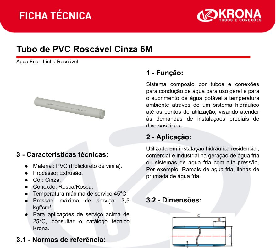 Ficha Técnica – Tubo de PVC Roscável Cinza 6M
