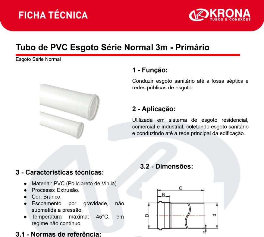 Ficha Técnica – Tubo de PVC Esgoto Série Normal 3m – Primário