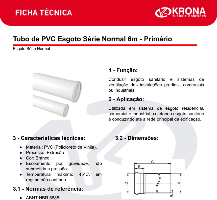 Ficha Técnica – Tubo de PVC Esgoto Série Normal 6m – Primário