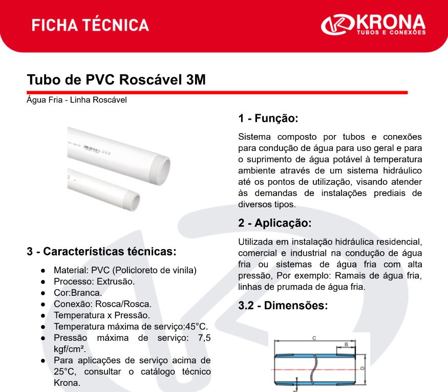 Ficha Técnica – Tubo de PVC Roscável 3M