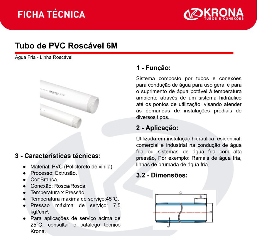 Ficha Técnica – Tubo de PVC Roscável 6M