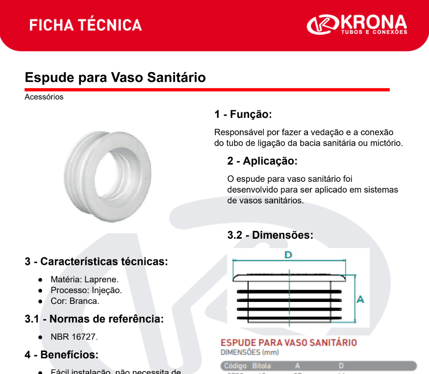 Ficha Técnica – Espude para Vaso Sanitário