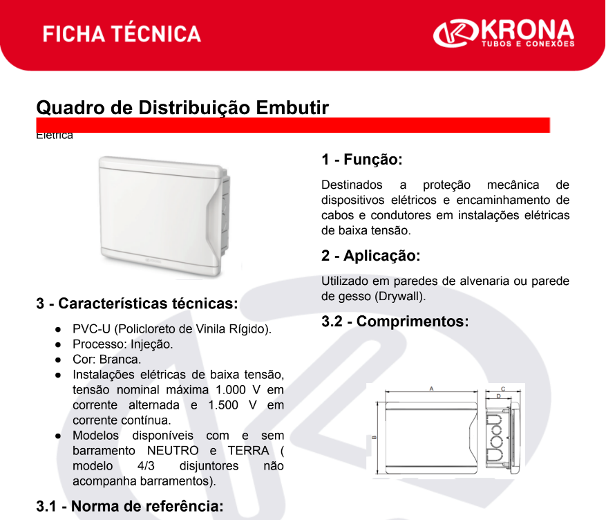 Ficha Técnica – Quadro de Distribuição Embutir