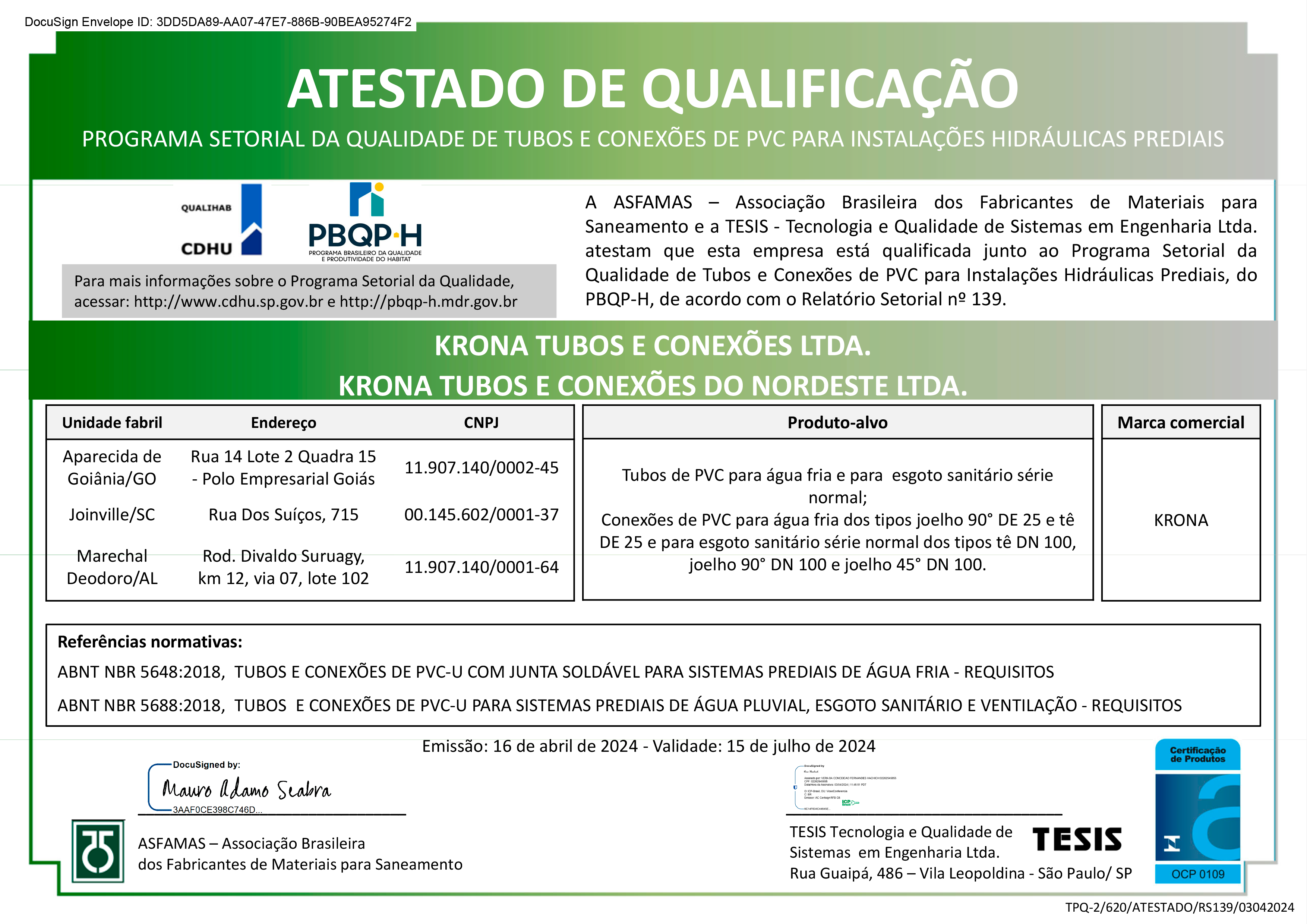 Atestado de Qualificação Programa Setorial da Qualidade de Tubos e Conexões de PVC para Instalações Hidráulicas Prediais – 16/04/2024 a 15/07/2024