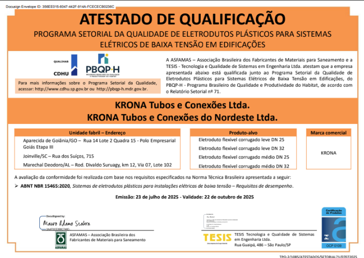 Atestado de Qualificação (KRONA) – Programa Setorial da Qualidade de Eletrodutos Plásticos para Sistemas Elétricos de Baixa Tensão em Edificações – 23/07/2025 até 22/10/2025