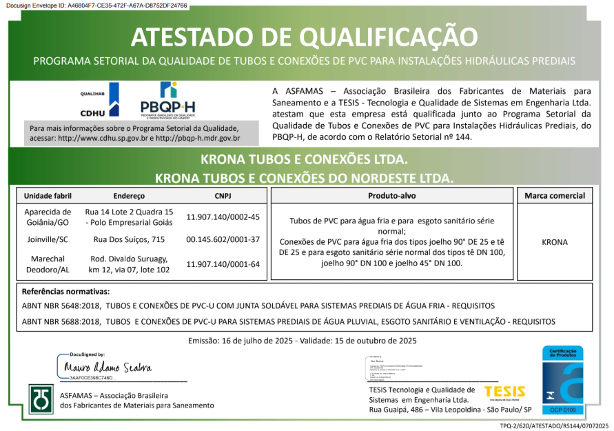 Atestado de Qualificação (KRONA) – Programa Setorial da Qualidade de Tubos e Conexões de PVC para Instalações Hidráulicas Prediais – 16/07/25 a 15/10/25
