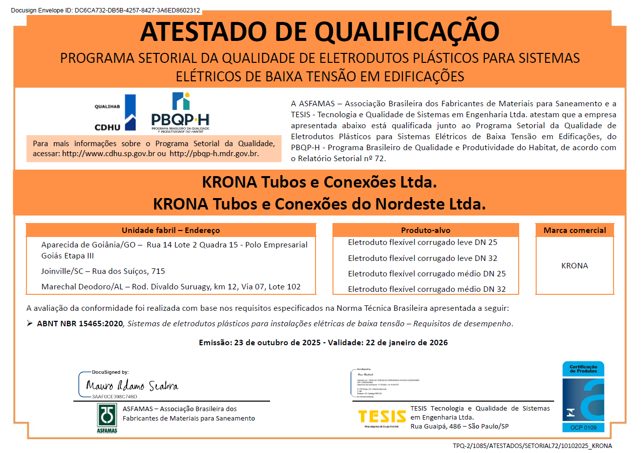 Atestado de Qualificação (KRONA) – Programa Setorial da Qualidade de Eletrodutos Plásticos para Sistemas Elétricos de Baixa Tensão em Edificações – 23/10/2025 até 22/01/2026