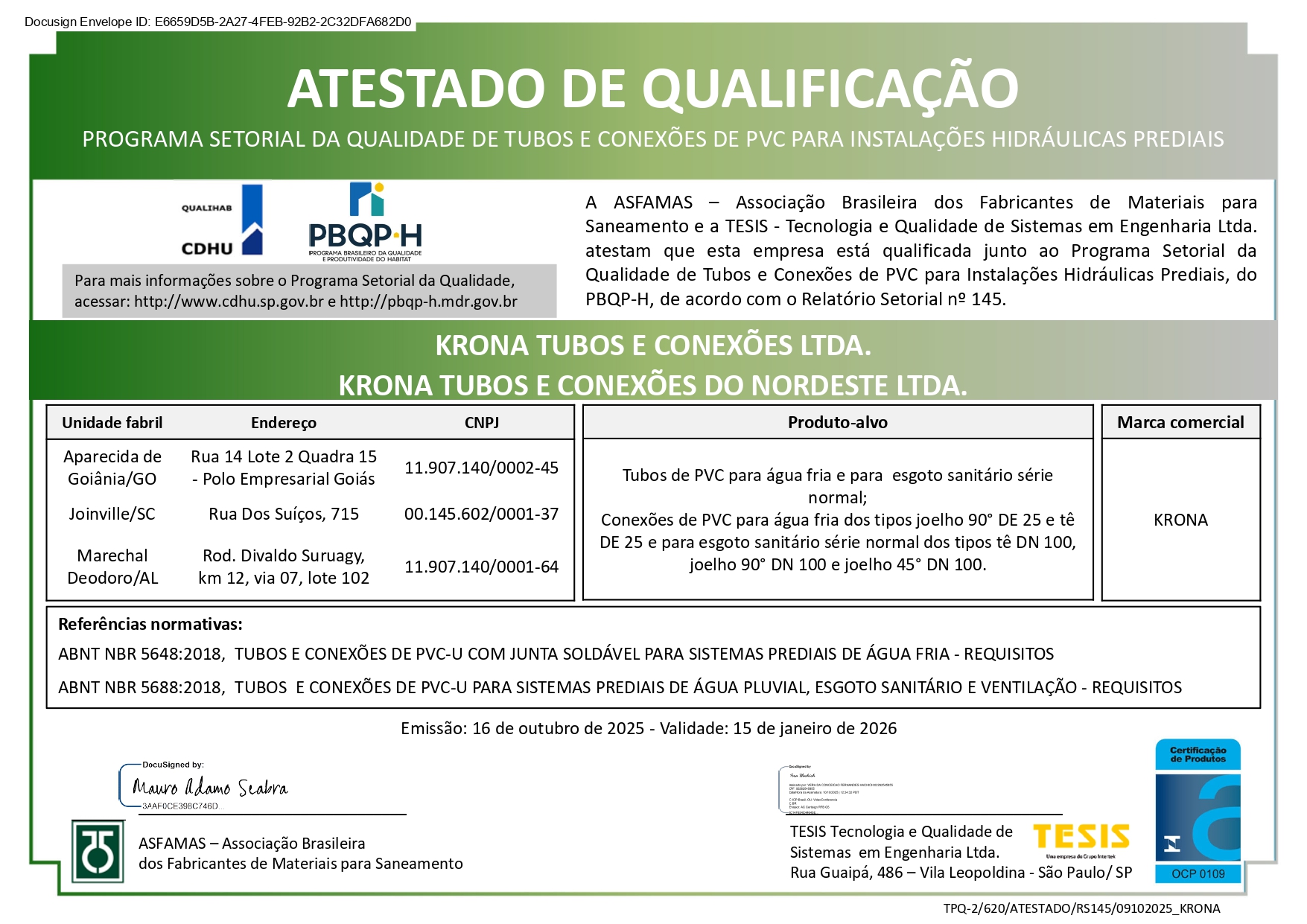Atestado de Qualificação (KRONA) – Programa Setorial da Qualidade de Tubos e Conexões de PVC para Instalações Hidráulicas Prediais – 16/10/25 até 15/01/26